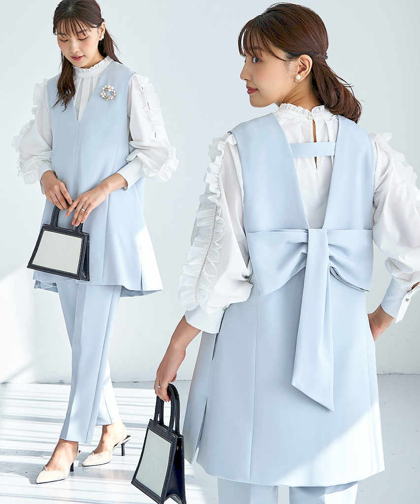 ルイルエブティック RUIRUE BOUTIQUE バックプリーツフレアスリーブトップス＆テーパードパンツセットアップ （ブラック） バックプリーツフレアスリーブトップス＆テーパードパンツ