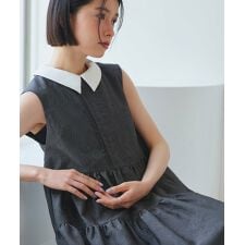襟付きシアージャカードギャザーフレアワンピース