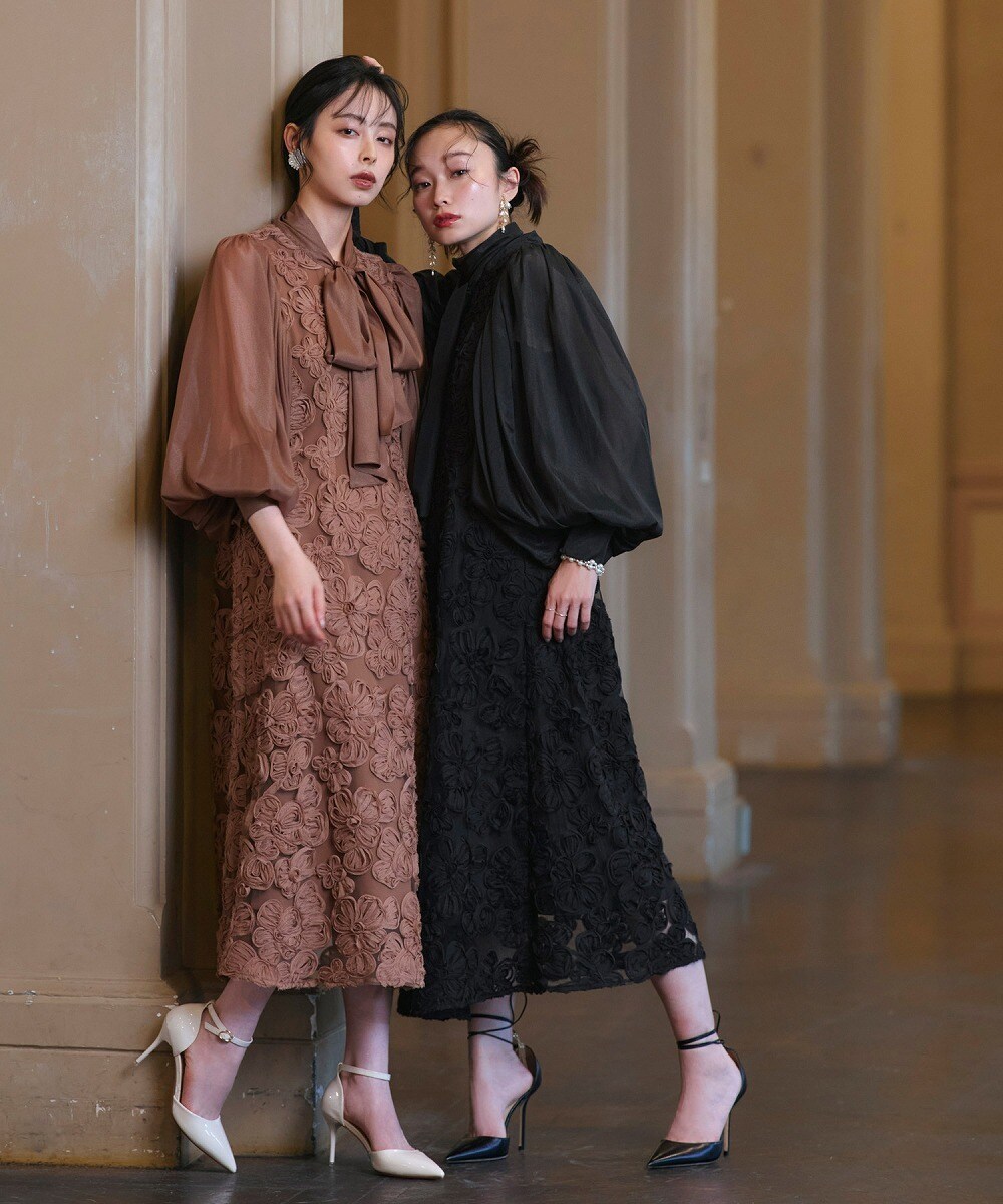 フレイアイディー　シアーフラワープリーツワンピース　ブラウン　サイズ1 00サイズ】シアーフラワープリーツワンピース | フレイ