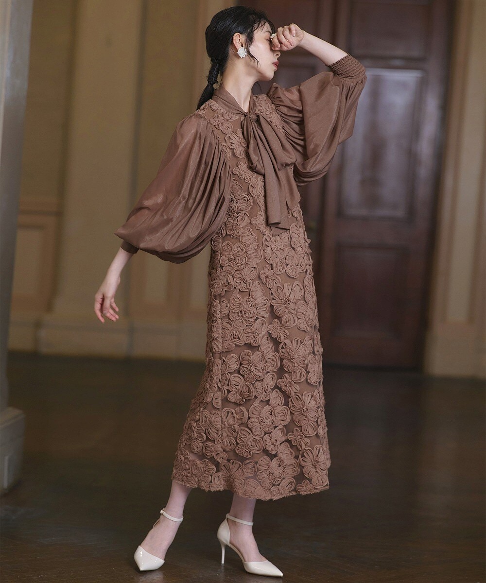 ボリュームスリーブボウタイレースワンピース | ルイルエブティック