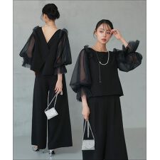 ルイルエブティック(RUIRUE BOUTIQUE)の【前後2way/洗える】バックコンシャストップス＆タックワイドパンツドレス（チュールつけ袖付き）