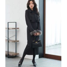 【2way/洗える】ファーカフス ボウタイトップス＆ナロースカート