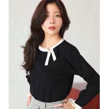 【洗える】衿リボンバイカラーニット