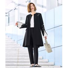 【3点set】 ドレスアップ・ジャケットコート＆スリムテーパードパンツ ワイドネック・フリルブラウス