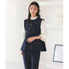 【3点set】ドレスアップ・ペプラムジレ＆スリムテーパードパンツフリルブラウス付き