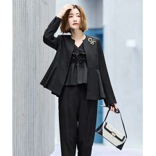 【3点】ノーカラージャケット＆フリルトップス＆スリムパンツセット