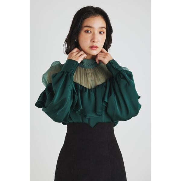 rienda - オーガンジーコンビフリルBLS L/GRY rienda オーガンジーコンビフリルBLS L/GRY1 -ファッション通販