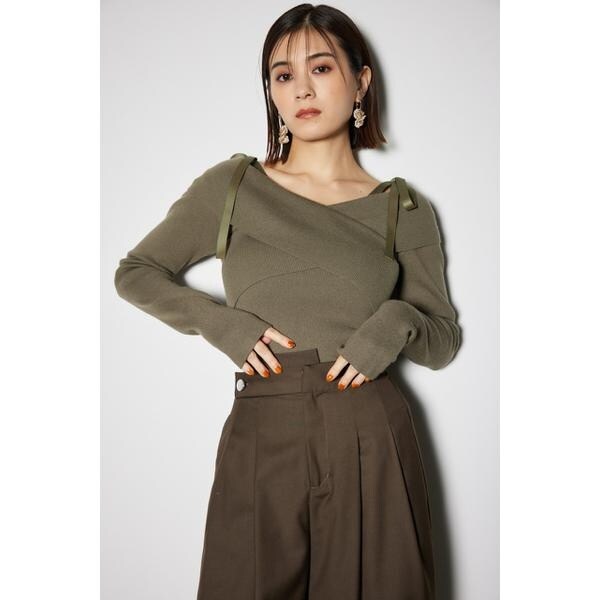 2WAYショルダーリボンクロス ニット トップス
