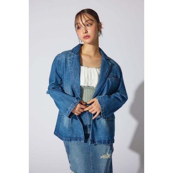rienda ゴムギャザーショート DENIM JK L/BLU1 -ファッション
