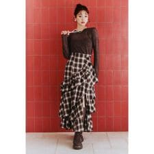 リエンダ(rienda)のマルチチェックラッフルロングハイウエストスカート