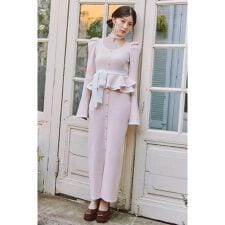 配色ペプラムタイトニットワンピース