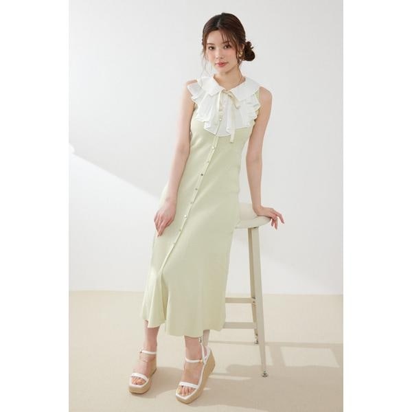 新品・タグ付き】rienda knitコンビスリットフレアワンピース ベージュ