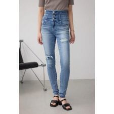 AZUL DENIM ハイウエストボタンリペアスキニー