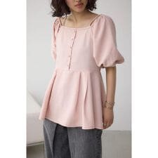 2WAYパフスリーブ配色ペプラムブラウス