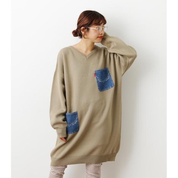独創的 WEB・OUTLET限定)ニットデニムポケットVネックワンピース ワンピース