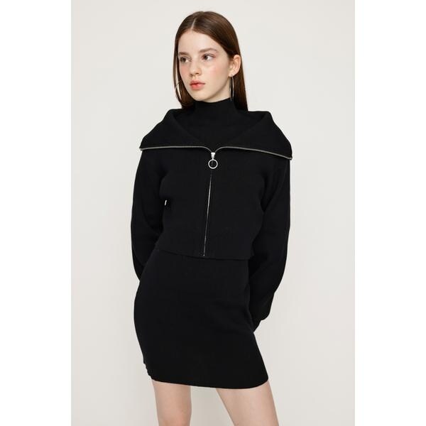 SLY V NECK DENIM S OP ブラック サイズ2 COLLAR ZIP 2P ワンピース