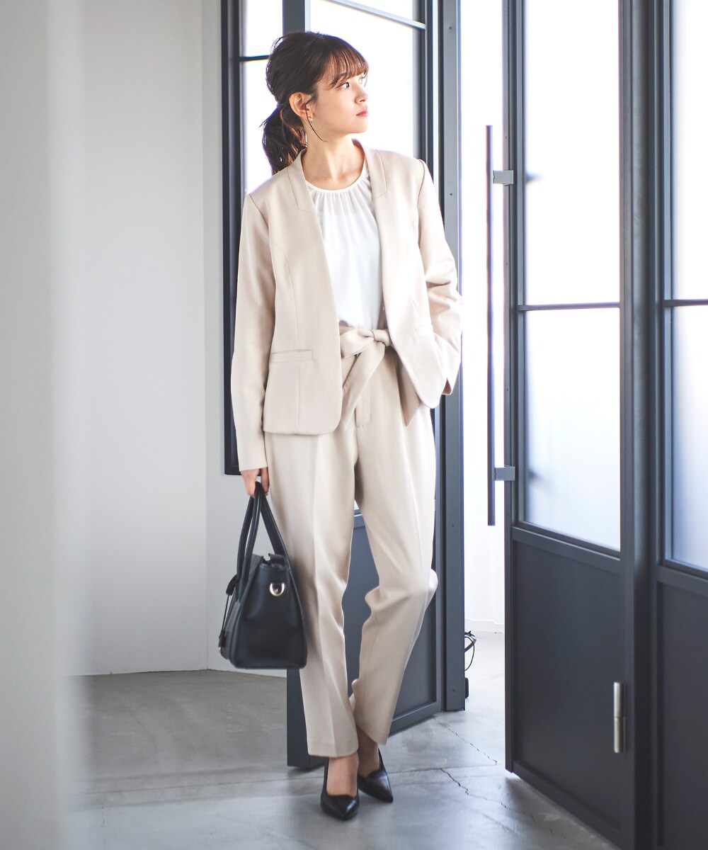 リブルーム（Rebloom）/【手洗い可能/セットアップ】ノーカラージャケット・リボンベルトパンツ 3点セット 手洗い可能/セットアップ】ノーカラージャケット・リボンベルトパンツ