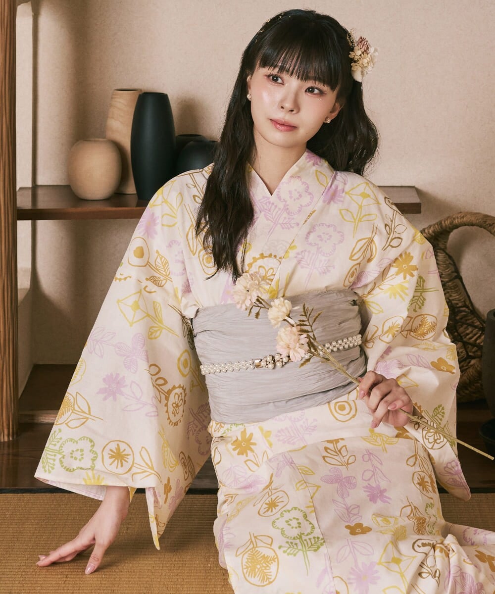 浴衣4点セット ミルキーリボンの花奏 (浴衣 兵児帯 腰紐2本