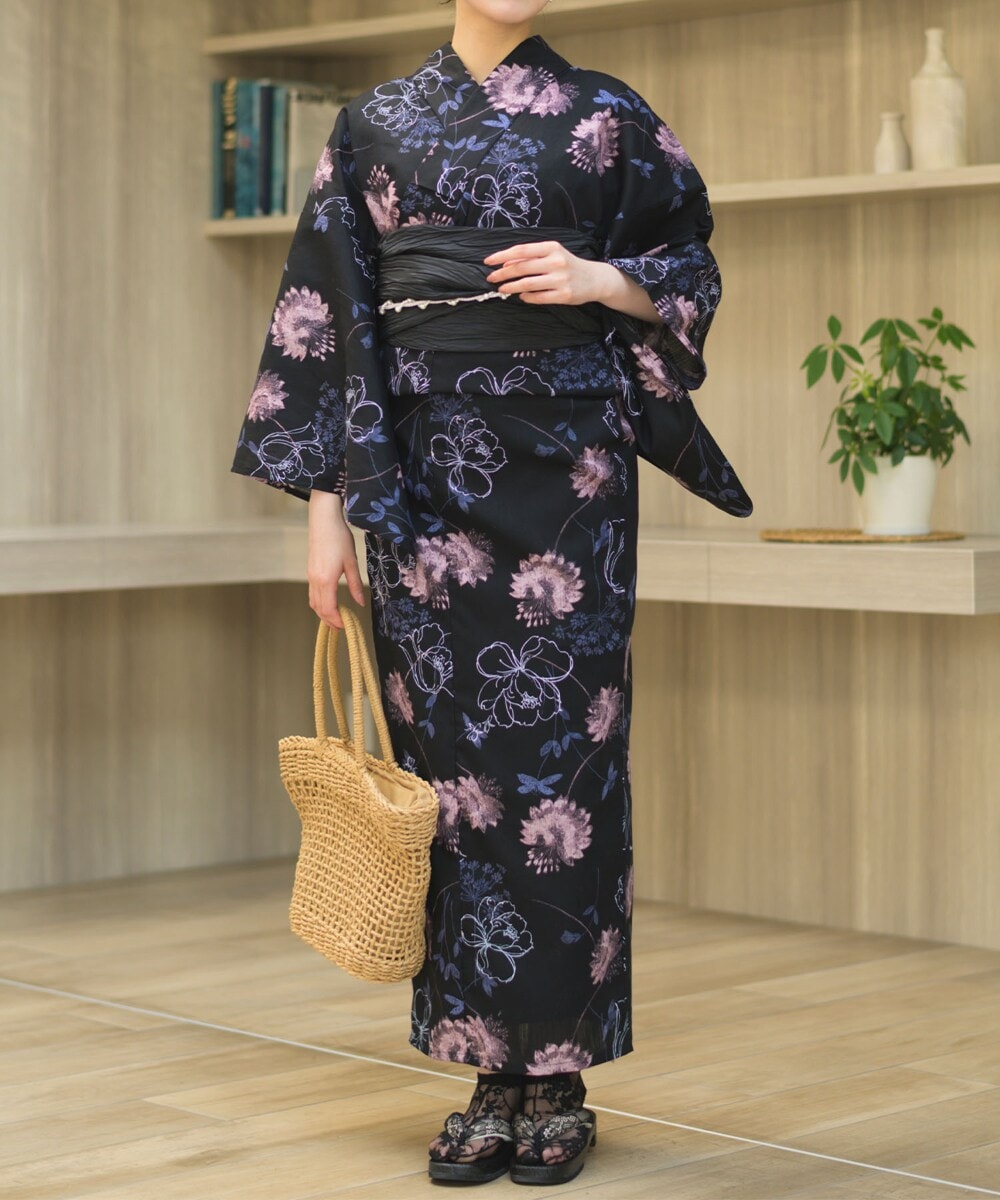 下駄つき浴衣5点セット ゆらめき牡丹 (浴衣 兵児帯 腰紐2本 下駄
