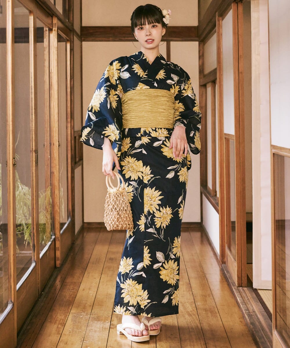 下駄付き浴衣5点セット 飴色椿 (浴衣 兵児帯 腰紐2本 下駄