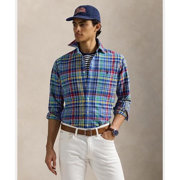 ✨美品✨POLO RALPH LAURENリネン チェック半袖ワークシャツ M POLO RALPH LAUREN 美品 Polo Ralph Lauren ポロラルフローレン