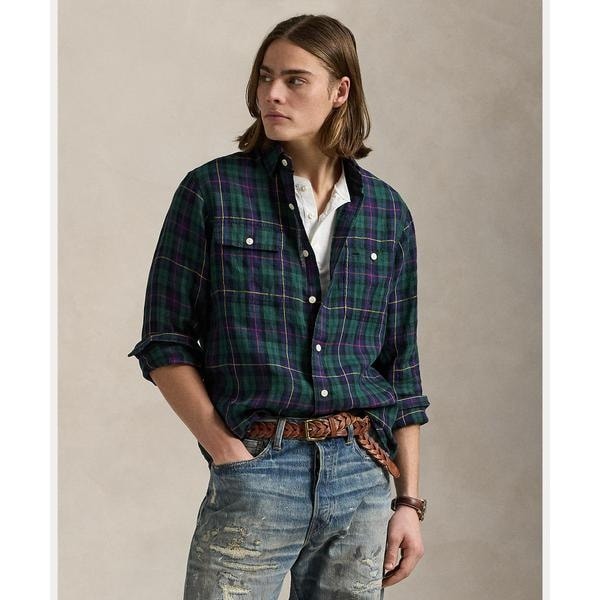 ✨美品✨POLO RALPH LAURENリネン チェック半袖ワークシャツ M POLO RALPH LAUREN シャツ クラシック フィット チェック リネン