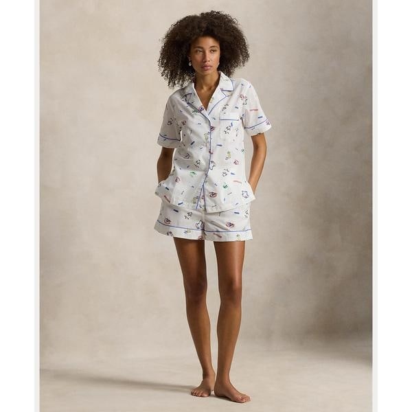 プリント コットン シャツ & ショートパンツ パジャマ セット