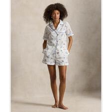 プリント コットン シャツ & ショートパンツ パジャマ セット