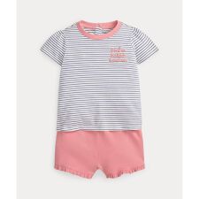 (ベビー)ストライプド コットン Tシャツ & メッシュ ショートパンツ セット