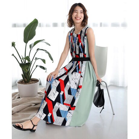 幾何学柄プリーツ配色切替ワンピース ブージュルード Bou Jeloud 7219 ファッション通販 マルイウェブチャネル