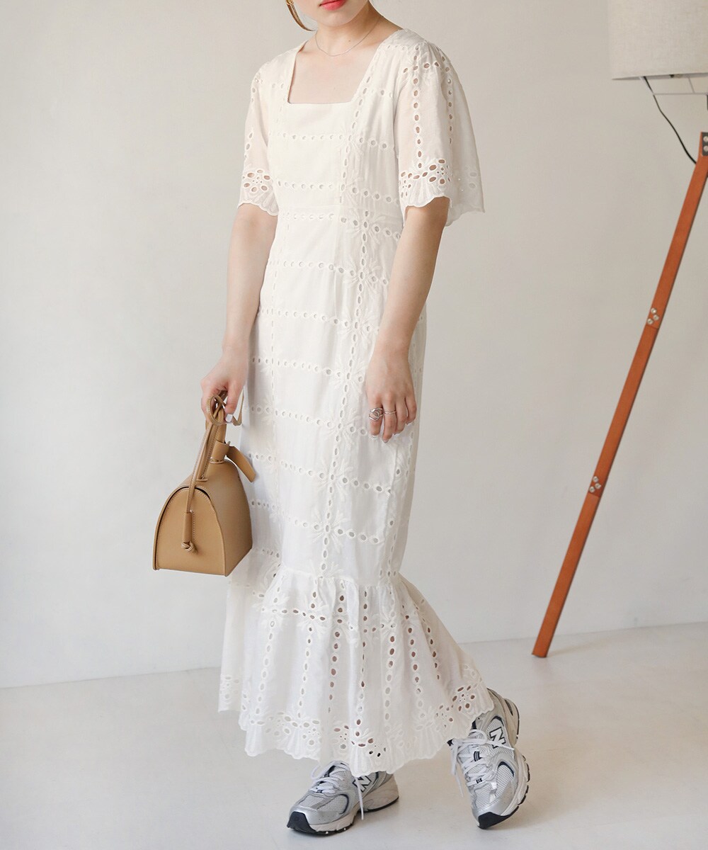 フリルカラーカフタンコットンレースワンピース