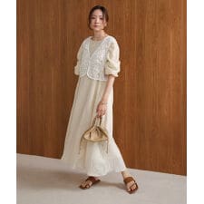 【低身長向けサイズあり】バテンレースベスト＋ギャザースリーブワンピースセット