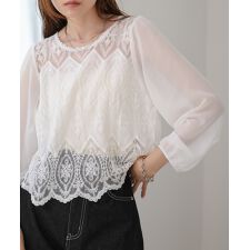 コットンレースシフォン切替トップス