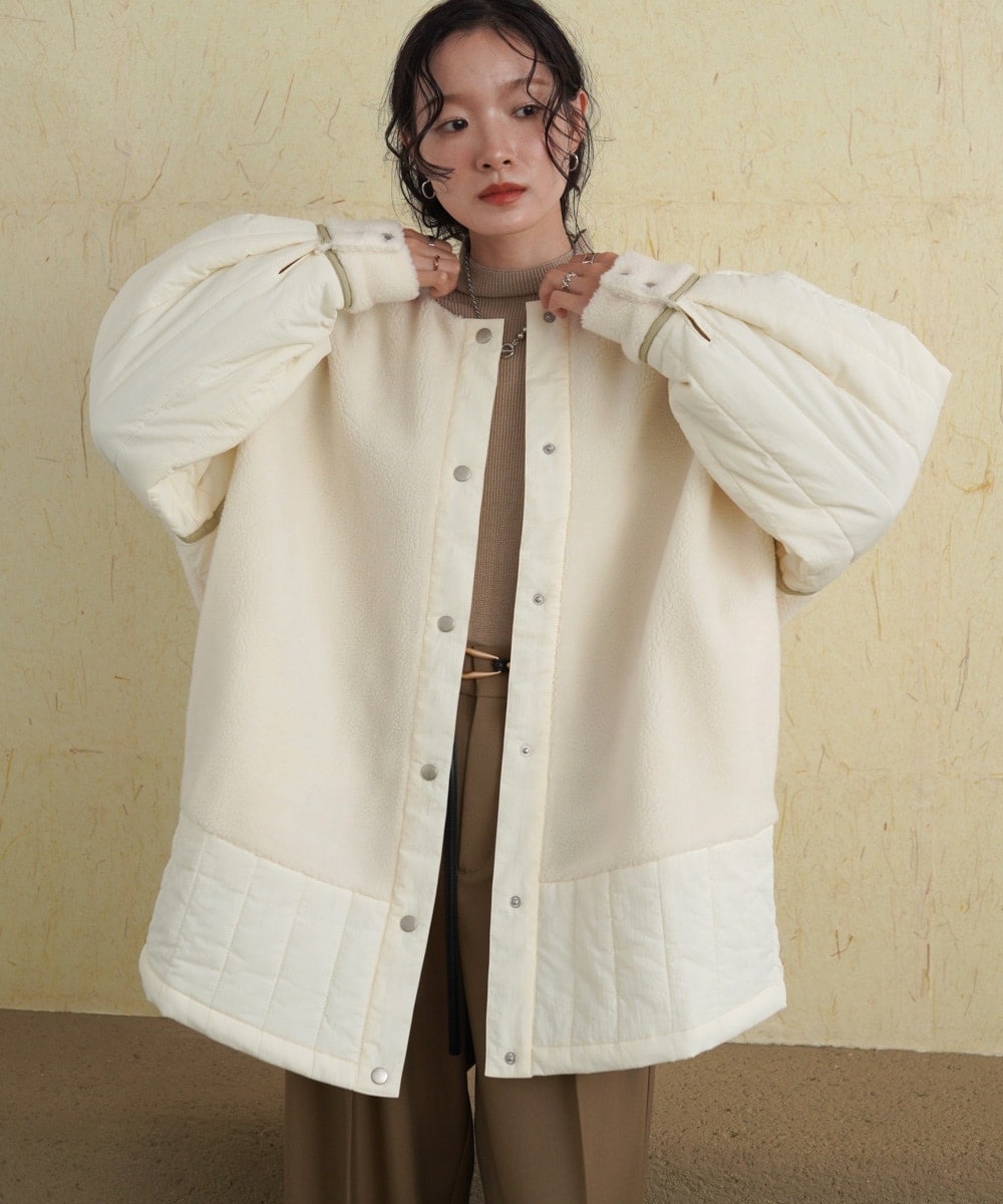 美品 Bab ボア×キルティングサイドリボン中綿コート アイボリー バブ Bab ボア×キルティングサイドリボン中綿コート （IVORY