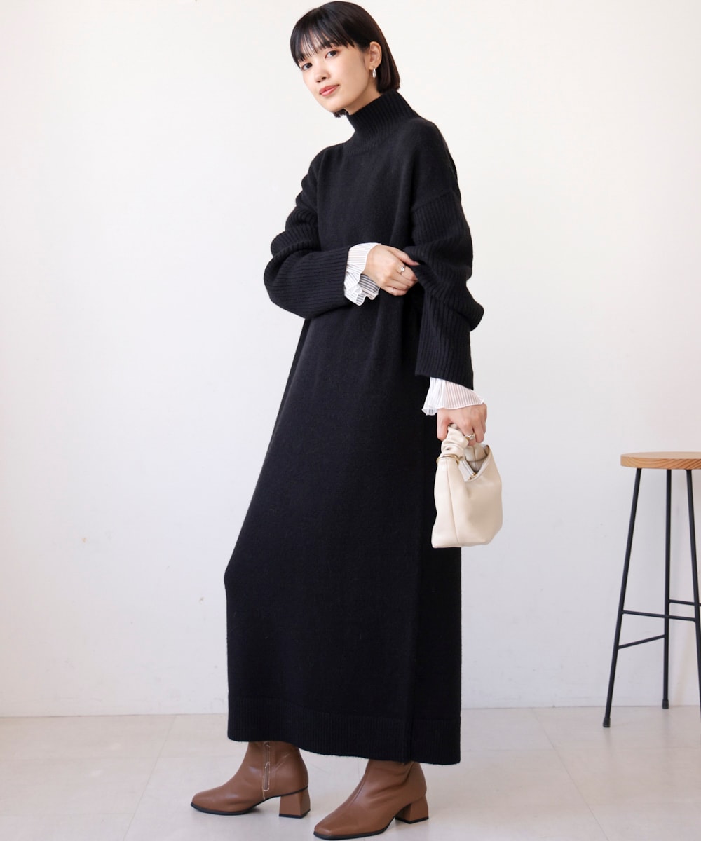 高身長向けサイズあり】ハイネックIラインニットワンピース