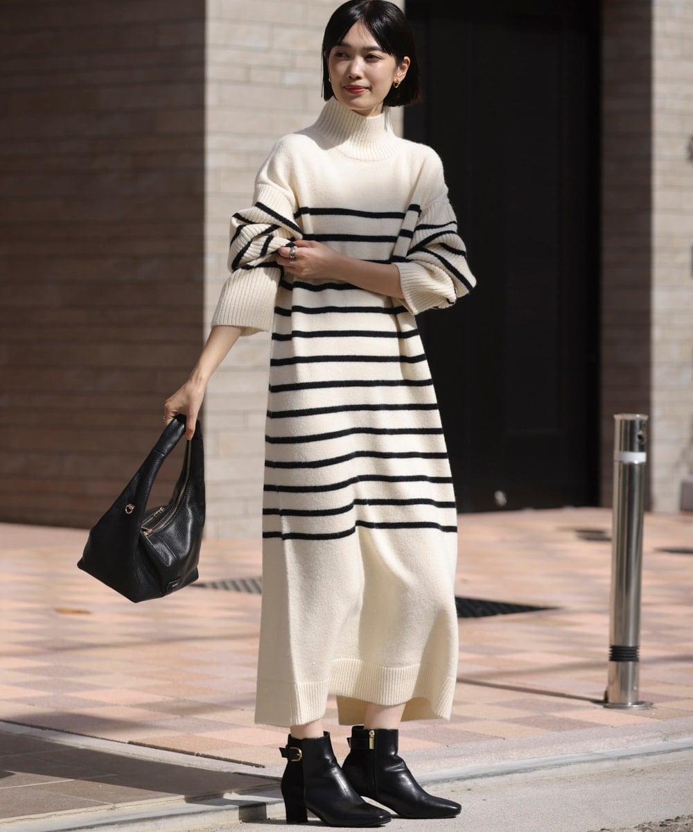 高身長向けサイズあり】ハイネックIラインニットワンピース