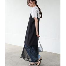 シワ加工サテンチュールレース切替キャミワンピース