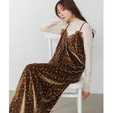 【選べるサイズ展開】小花柄レース付きベロアキャミワンピース