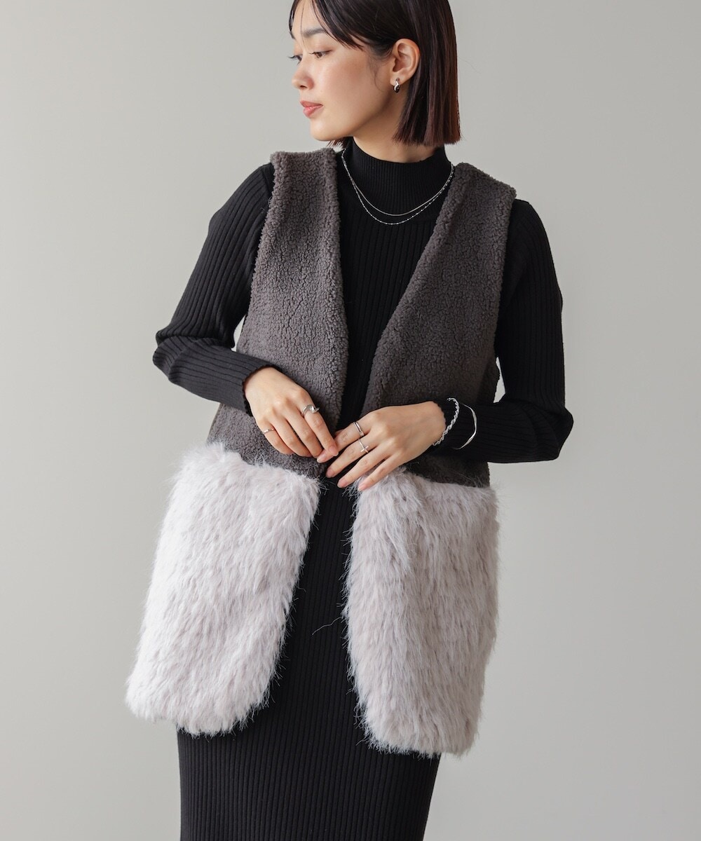 美品　INDIVI パーカー　ファーベスト付　ラージサイズ　パープルグレー 美品 INDIVI パーカー ファーベスト付 ラージサイズ パープル