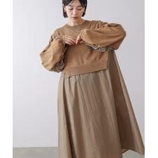 袖ギャザー布帛ドッキングニットワンピース