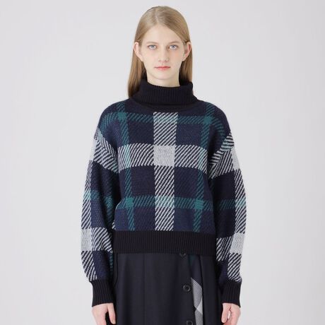 ヘアリークレストブリッジチェックジャカードタートルネック | ブルー 