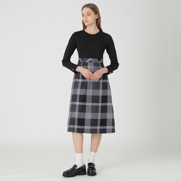 BLUE LABEL CRESTBRIDGE ニット チュニック丈 ショルダーボタン 裾フレア レイヤード風 チェック オフ白 茶 ピンクベージュ ベージュ 38 セール】クレストブリッジチェックライトクロッシングツイル