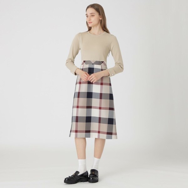 極美品　クレストブリッジ チェックウールビエラニットスリーブドレス 36 クレストブリッジチェッククロッシングビエラニットスリーブドレス