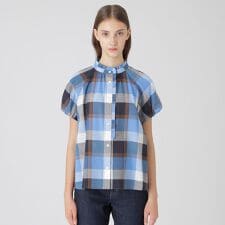 クレストブリッジチェックコットンリネンフリルブラウス