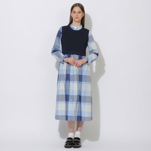 美品★ブルーレーベルクレストブリッジ★チェックウールビエラコンビドレス WEB限定】クレストブリッジチェックニットコンビドレス | ブルー