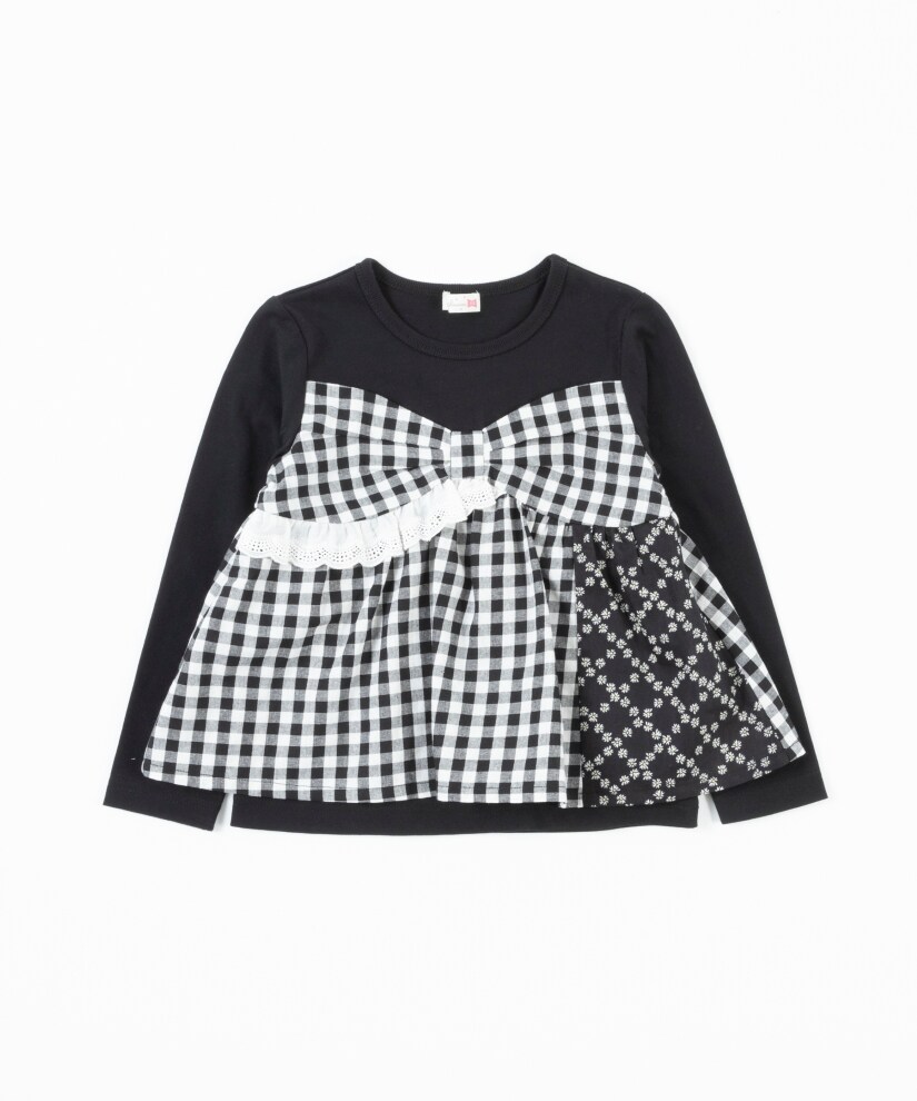 ギンガムチェック柄リボン切り替え長袖Tシャツ(140～160) | ケーピー 