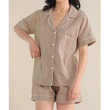 レディース レトロチェック柄半袖パジャマルームウェア 上下2点セット