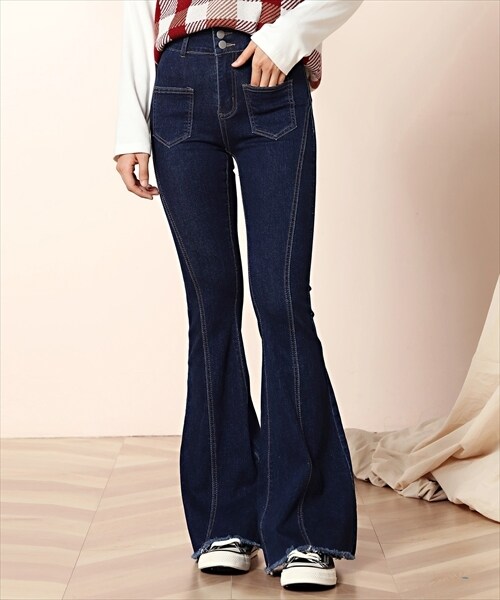 レディース 裾フリンジハイウエストフレアデニムパンツ | テディ