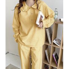 レディース 大きな襟のギンガムチェックセットアップルームウェアパジャマ 上下2点セット