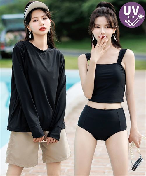 レディース水着 長袖ラッシュガード+ハーフパンツ+ビスチェ風ハイ